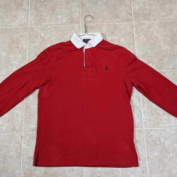 Red white and blue Polo Ralph Lauren long sleeve polo shirt with red arm pads - Picture 1 of 3
